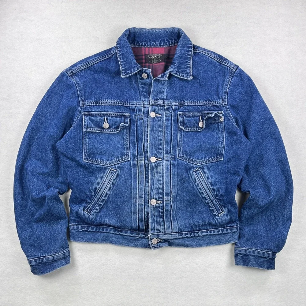RRL Ralph Lauren Plaid Lined Denim Type 2 Trucker Jacket Mens M Blue Buckle Back
